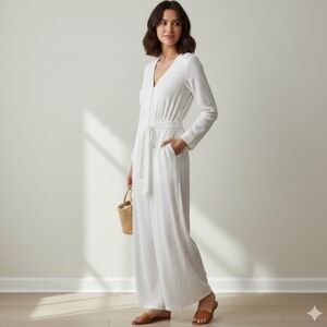 Lulus NWT Seaside Vacation Ivory Button-Front Wide Leg Jumpsuit Romper Boho L